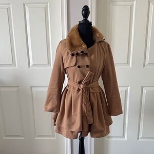 Women's Tan Double-Breasted Coat with Faux Fur Collar
